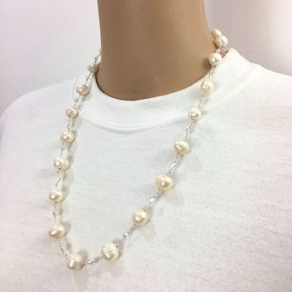 Baroque Pearl Necklace White Pearls AB Glass Beads Silver Tone Rosary Link 23in - Picture 2 of 10